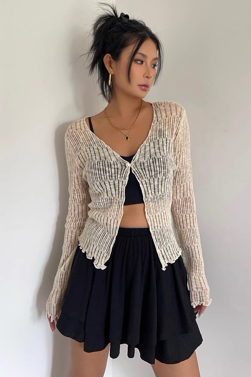 Hollow Out Wooden Ear Edge V-Neck Long Sleeved Knitted Cardigan Top