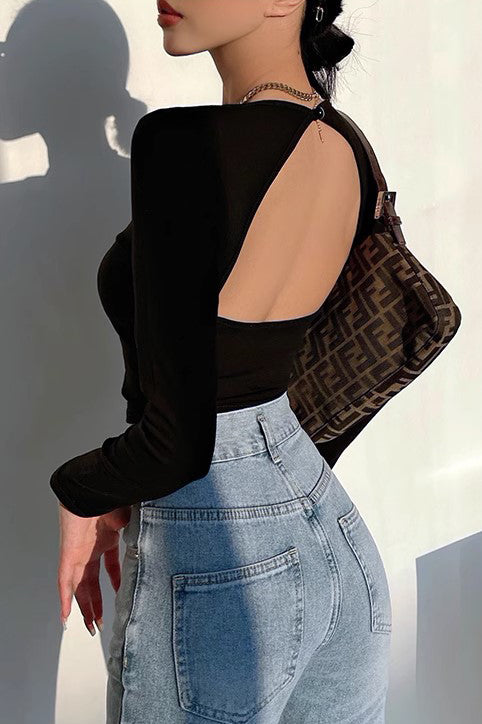 Sexy Backless T-Shirt Elastic Tight Slim Round Neck Top
