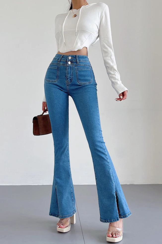 Split Micro Flare Tight High Waist Slim Fit Jeans Pants