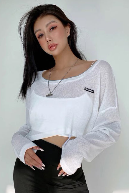 Large Round Neck Perspective Loose Casual Long Sleeved Short Top