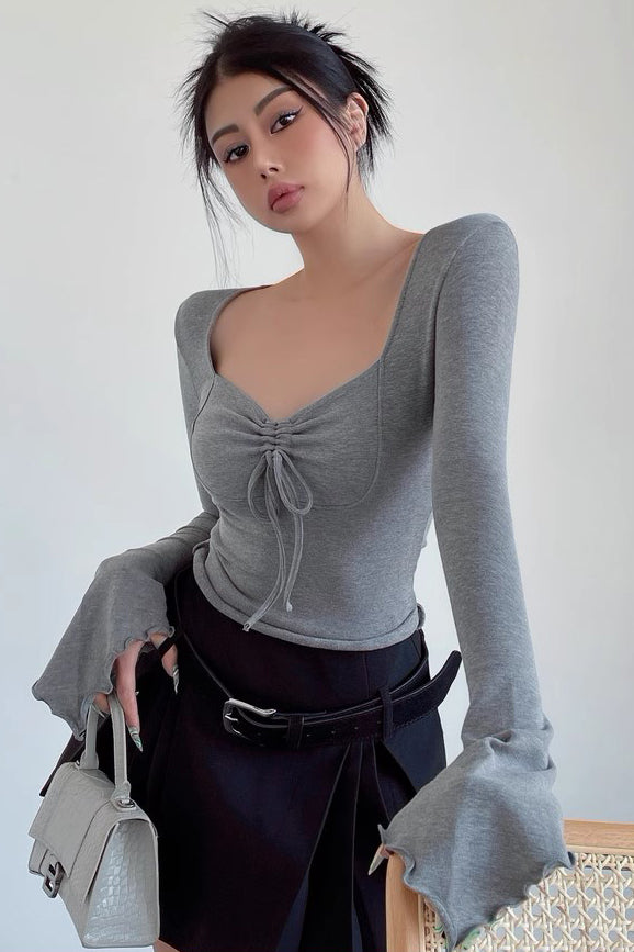 Sexy V-Neck Pleated Drawstring Long Sleeved T-Shirt with Flared Sleeves