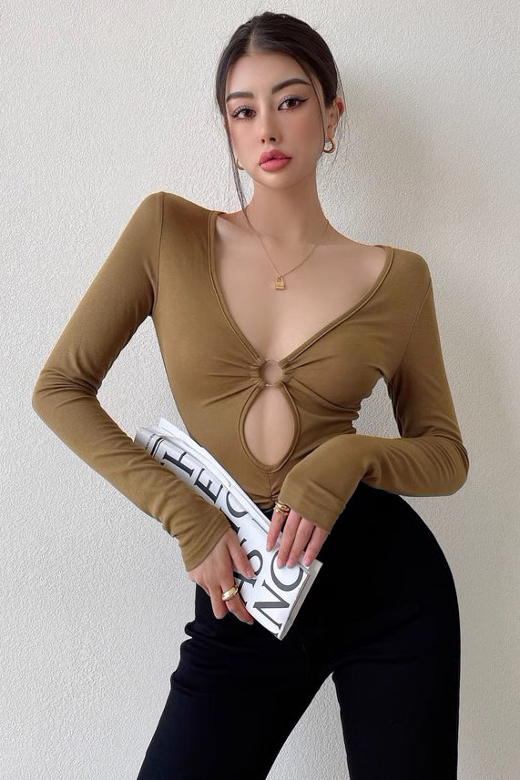 Hollow Out Long Sleeved Tight And Sexy Deep V-Neck Bodysuit