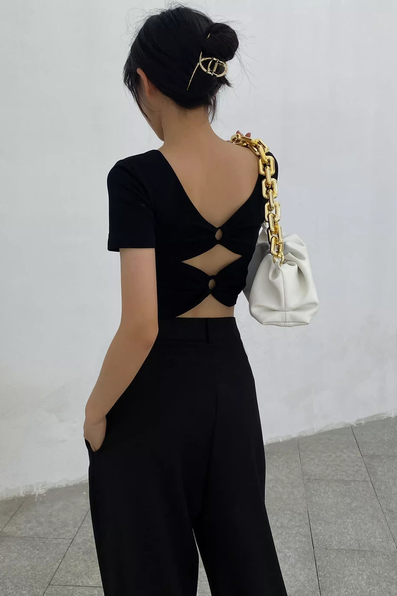 Backless Short Sleeve Cut Out Tops