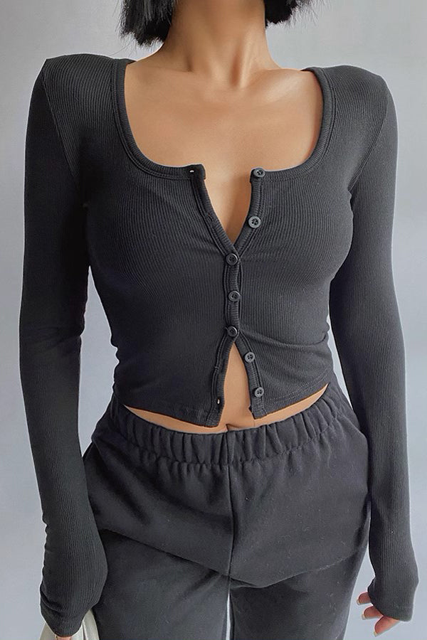 Elastic Tight Sexy U-Neck Long Sleeved High Waisted Top