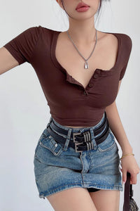 Sexy High Waist Button-Neck Short Sleeve T-Shirt Top