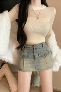 Women Retro High Waist Denim Skirt