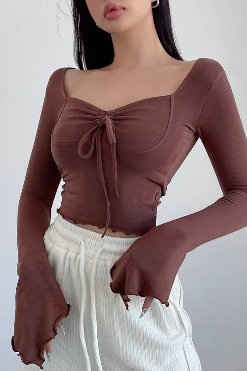 Sexy V-Neck Pleated Drawstring Long Sleeved T-Shirt with Flared Sleeves