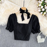 Sexy Women Bow Square Neck Short Sleeve Crop Top