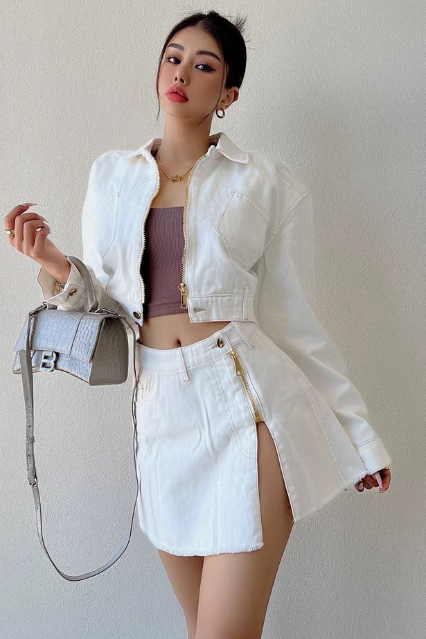 Fashion Zipper Denim Set Loose Versatile Short Coat High Waist Split Short Skirt