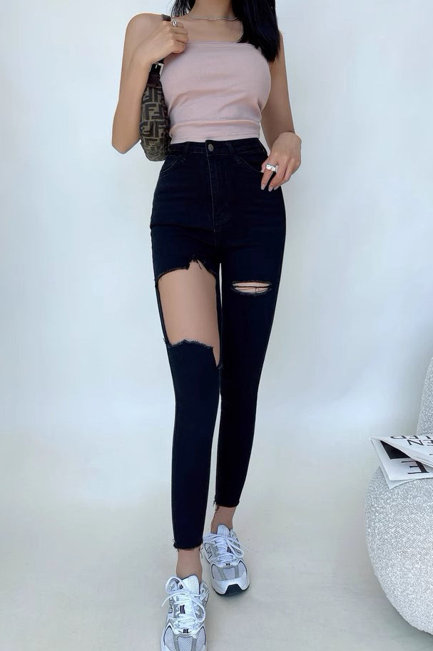 Sexy Tight Wrap Hip High Waist Big Hole Jeans