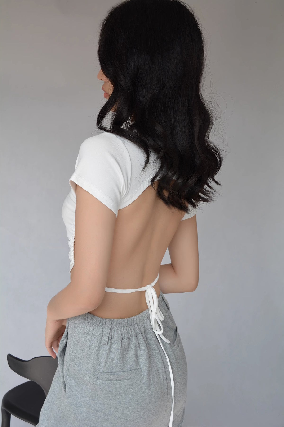 Round Neck Backless Tie Back Tops