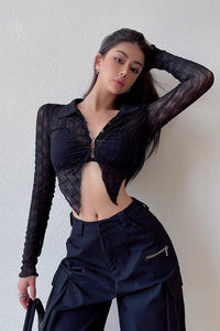 Sexy High Waist Hollow Out Perspective Lace Shirt