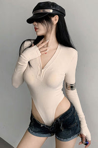 Fashion Women Buttons V-Neck Long Sleeve Tight Bodysuit