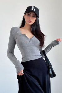 Fashion Women Long Sleeve Buttons Top Tee