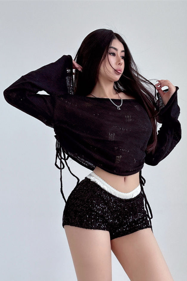 Women Sexy Hollow Long Sleeve Strappy Crop Top Tee