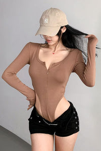 Women Fashion Long Sleeve Zip Tight Bodysuit