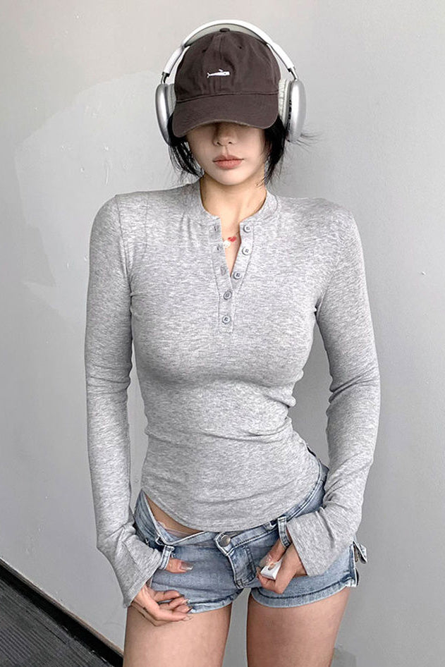 Women Fashion Buttons Neck Long Sleeve Top Tee