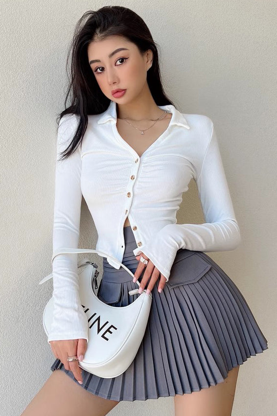 Sexy Lapel Single Breasted T-Shirt Tight Fitting Pleated Long Sleeved Top
