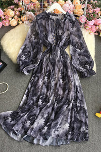 Women Fashion Long Sleeve Ruffle Waist Tie Dye Maxi Dress