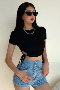 Side Drawstring Hollowed Out Round Neck Top T-Shirt