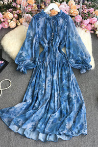 Women Fashion Long Sleeve Ruffle Waist Tie Dye Maxi Dress