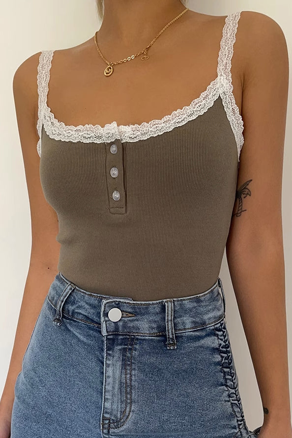 Buttoned Front Laced Strap Cami Tops