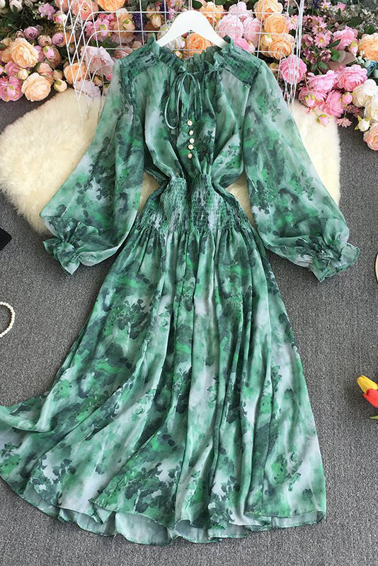 Women Fashion Long Sleeve Ruffle Waist Tie Dye Maxi Dress