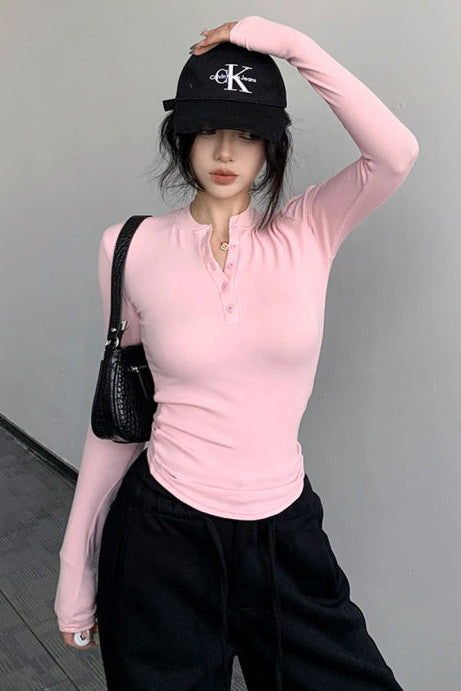 Women Fashion Buttons Neck Long Sleeve Top Tee