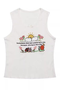 Cartoon and Letter Print Embroidery Cami Tops