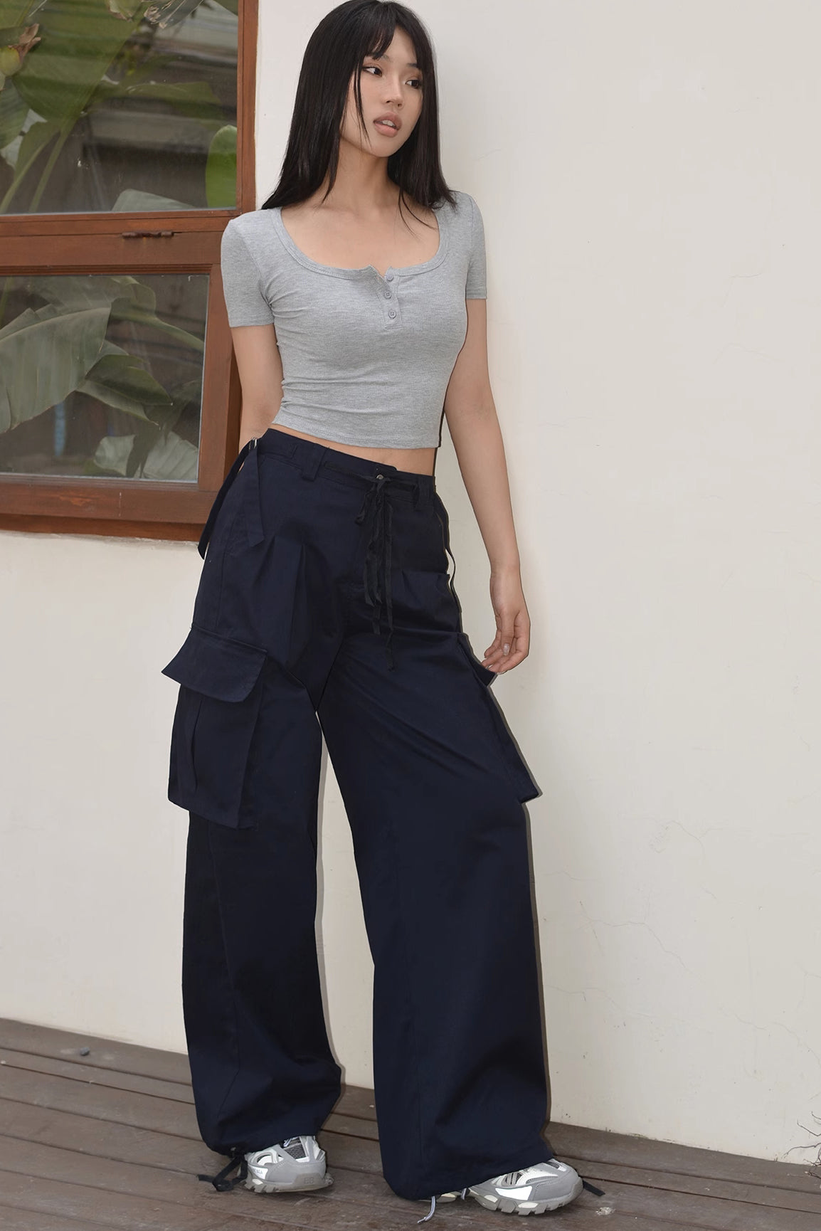 Retro Drawstring Waist Wide Leg Pants