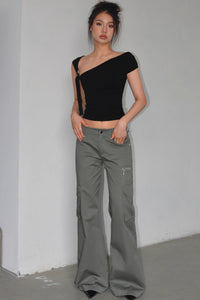 Zip Detail Pocket Side Cargo Wide Leg Pants