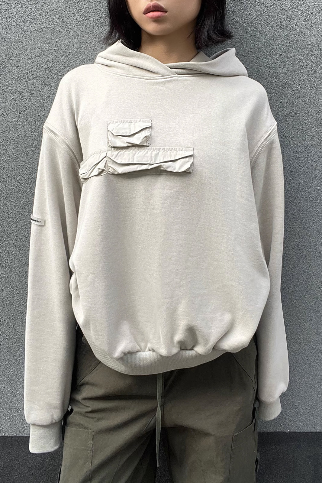 Pocket Front Solid Drop Sleeve Hooded Tops
