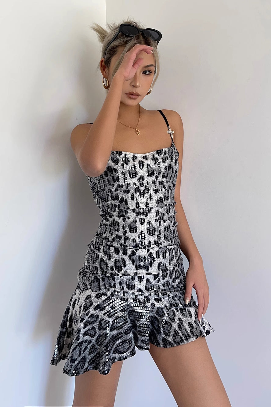 Leopard Print Asymmetrical Hem Sequin Dress – TOP SHOW