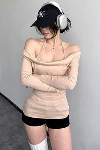 Women Sexy Off Shoulder Halter Long Sleeve Top Tee