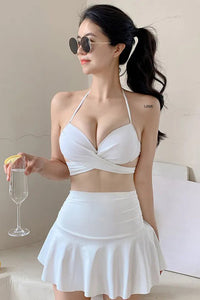 Fashion Women Halter Strappy Bikini Set Swimsuit Swimwear Skirt Set Three-Piece