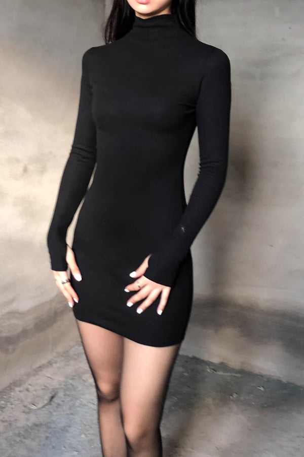 Solid High Neck Long Sleeve Bodycon Dress