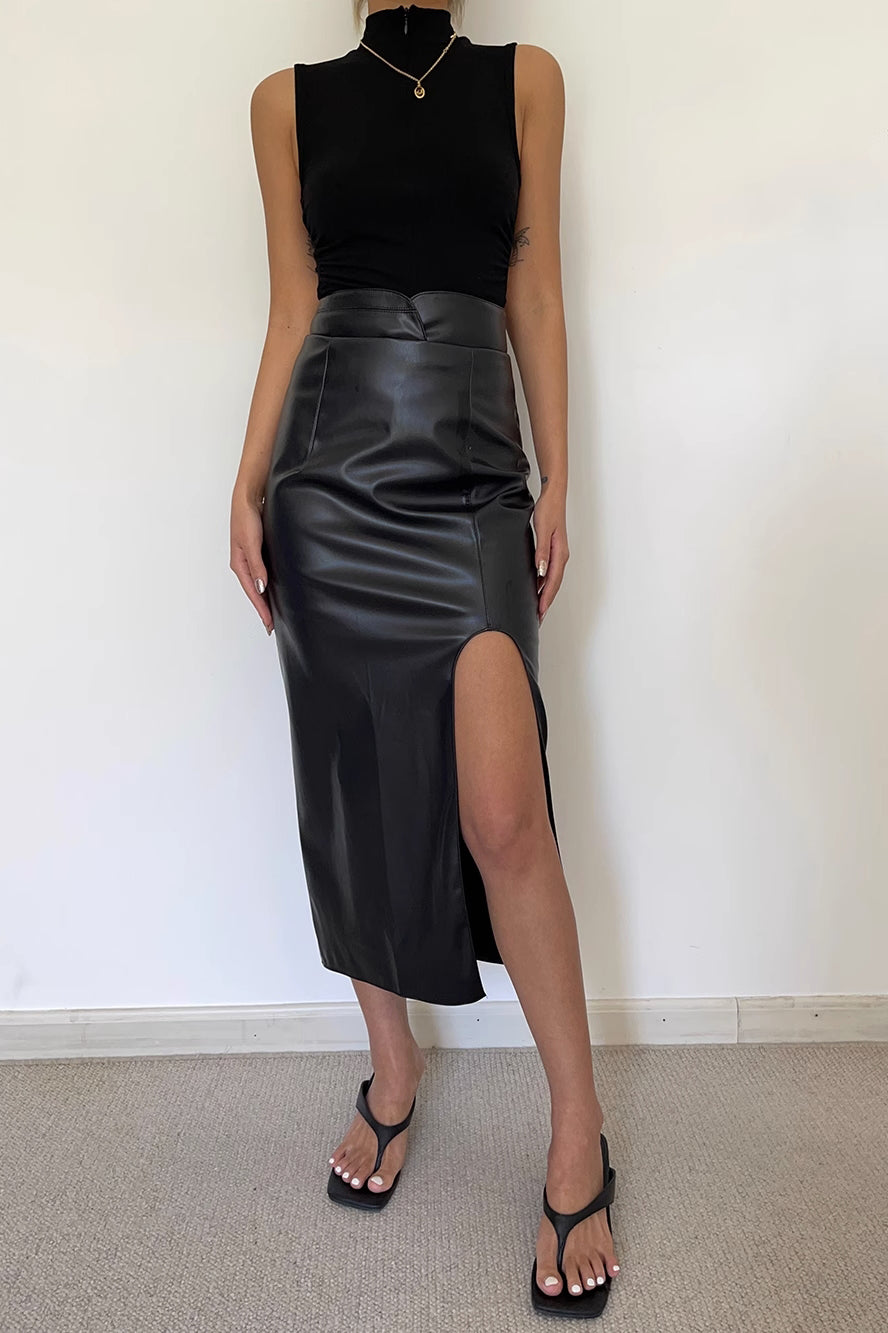 Solid Split PU Leather Skirt