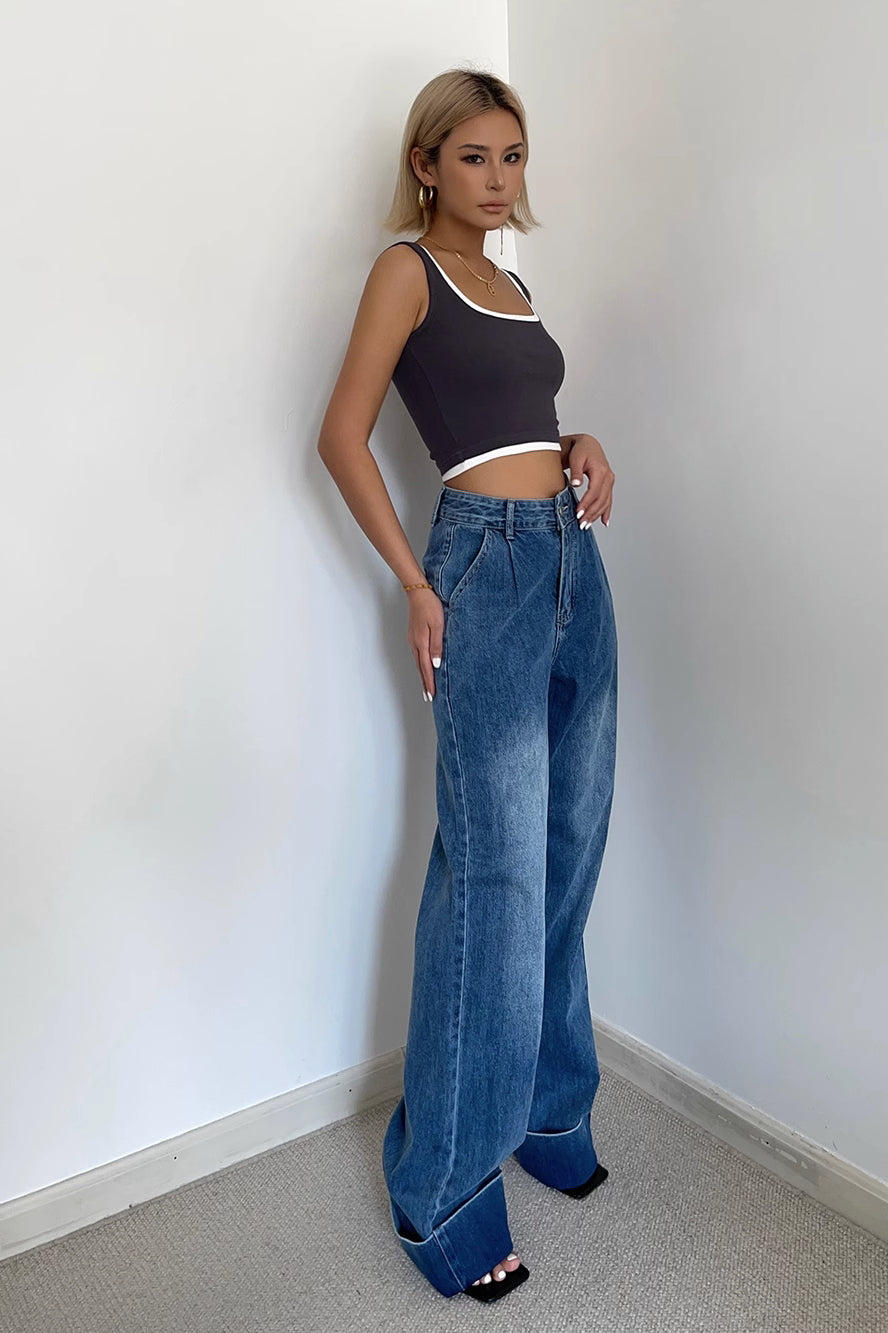 Buckle Detail Slant Pocket Wide Leg Jeans