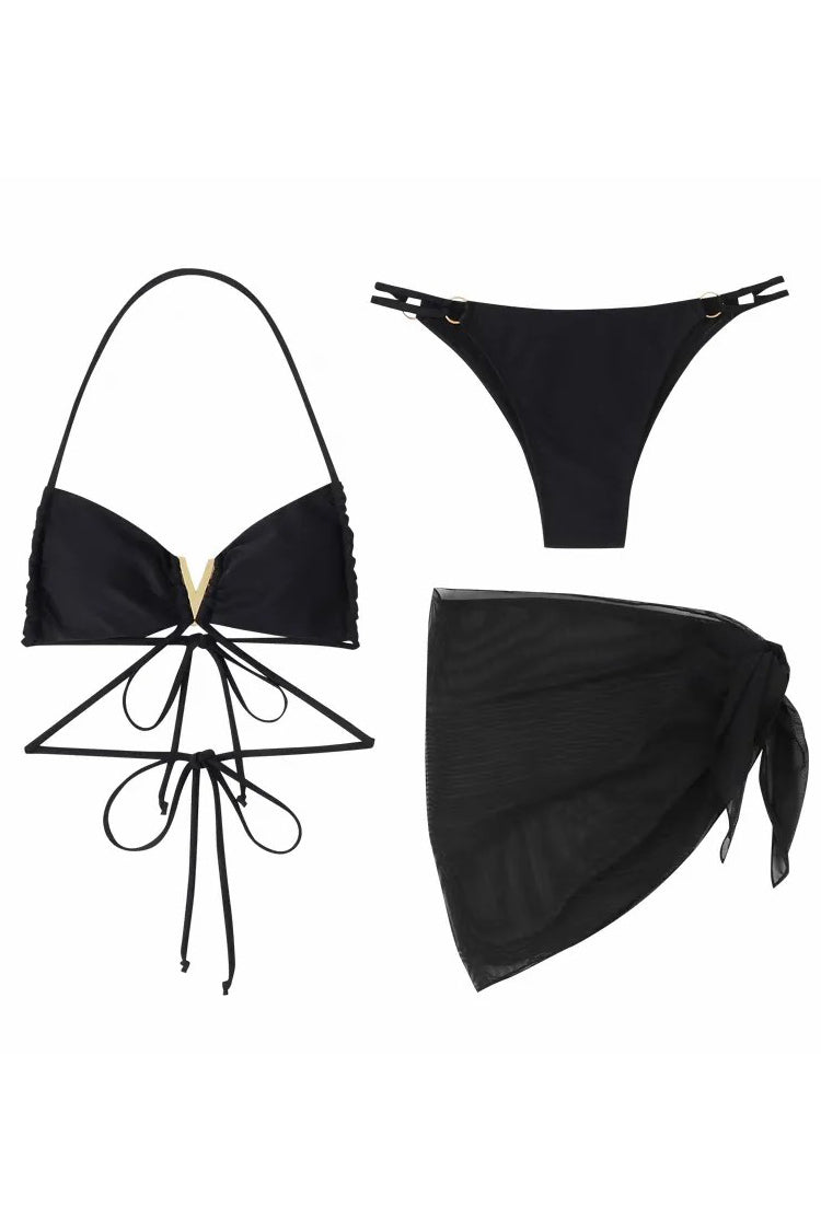 Sexy Women Halter Strappy Gauze Bikini Set Swimsuit Swimwear Set Three-Piece