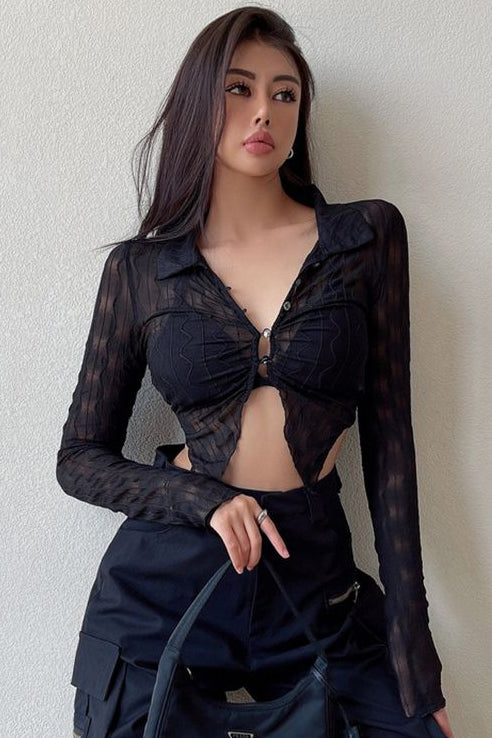 Sexy Women Long Sleeve Cardigan Crop Shirt Top