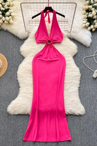 Sexy Women Hollow Backless Halter Strappy V-Neck Maxi Dress