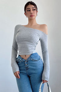 Women Fashion Slash Neck Long Sleeve Crop Top Tee