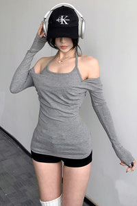 Women Sexy Off Shoulder Halter Long Sleeve Top Tee