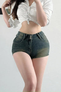 Retro Women Mid Waist Zip Denim Shorts