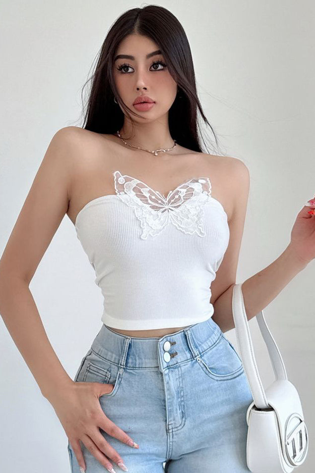 Sexy Women Lace Strapless Butterfly Vest Tank Top