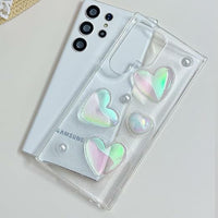 Women Simple Fashion Three-Dimensional Transparent Heart Samsung Apple Mobile Phone Protective Case Cute 3D Holographic Laser Love Heart Gems Bling Sparkle Clear Shockproof Slim Soft TPU Silicone Women Girls Phone Case
