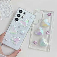 Women Simple Fashion Three-Dimensional Transparent Heart Samsung Apple Mobile Phone Protective Case Cute 3D Holographic Laser Love Heart Gems Bling Sparkle Clear Shockproof Slim Soft TPU Silicone Women Girls Phone Case