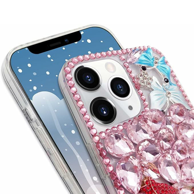 Compatible With Iphone Women Girl Glitter Diamond Case Luxury Bling Butterfly Rose Sparkly Rhinestone Pearl Crystal Bumper Soft Silicone Rubber Protective Cover Case