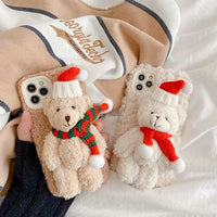 Cute Cartoon Christmas Bear Winter Fur Phone Case For iPhone 15 14 13 12 11 Pro Max Shockproof Soft Cover