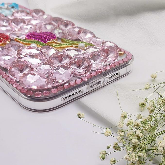 Compatible With Iphone Women Girl Glitter Diamond Case Luxury Bling Butterfly Rose Sparkly Rhinestone Pearl Crystal Bumper Soft Silicone Rubber Protective Cover Case